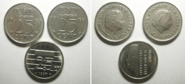 Juliana, Beatrix, 3x 25 cent 1968, 1969, 1997