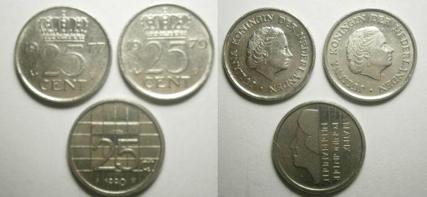 Juliana, Beatrix, 3x 25 cent 1977, 1979, 1990