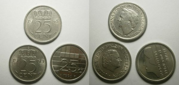 Drie Koninginnen, 3x 25 cent 1948, 1960, 1996