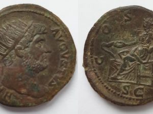 Hadrianus Æ Dupondius - COS III SC, Salus and snake- 127 AD