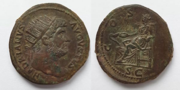 Hadrianus Æ Dupondius - COS III SC, Salus and snake- 127 AD