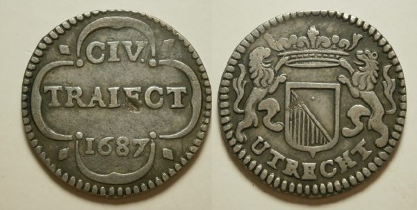 Utrecht Stad Duit 1687 over 1686 zilver .. PIEDFORT .. R4