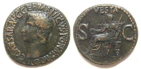 Caligula Æ As -VESTA above, S C - 37/8 AD