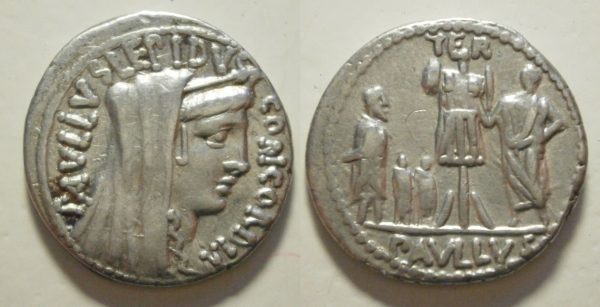 L Aemilius Lepidus Paullus AR Denarius -TER PAVLLVS- 62 BC