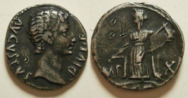 Augustus AR Denarius -IMP X ACT- 15/3 BC